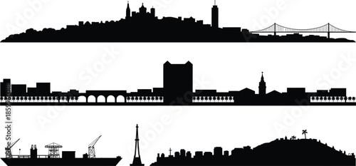 Diverse city skyline silhouettes set including San Francisco and iconic world landmarks