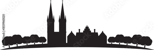 European historic town skyline silhouette with gothic twin spire cathedral vector illustration nature trees
