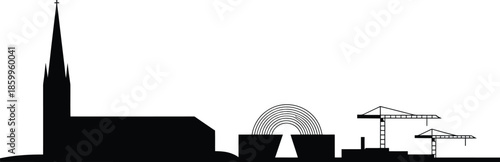 German industrial city skyline silhouette with church tower construction cranes vector illustration panoramic