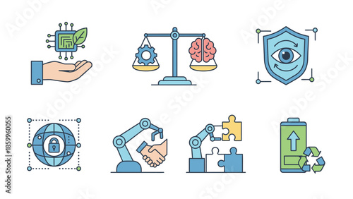 Set of Technology and Industry Icons Representing Innovation and Progress.