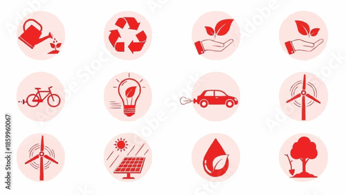 Collection of eco friendly icons for sustainability and green living.