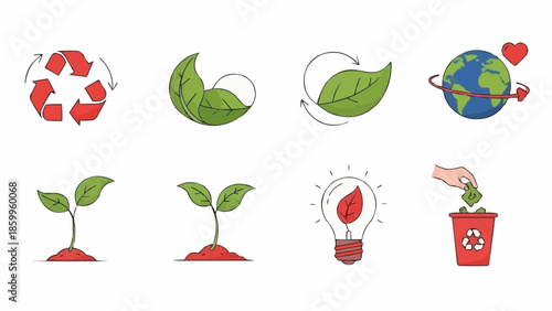 Collection of eco friendly symbols and icons for sustainability.