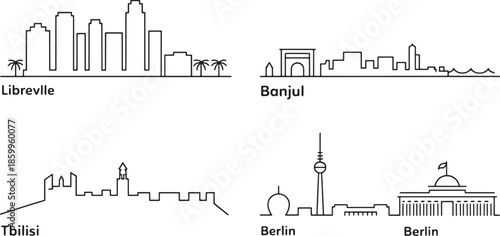 Libreville banjul tbilisi berlin skylines line art transparent background vector