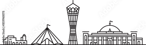 Line graphic of abu dhabi city skyline featuring modern tower government palace and exhibition center