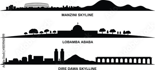 Manzini skyline silhouette set Lobamba Ababa and Dire Dawa skyline landmarks black outlines