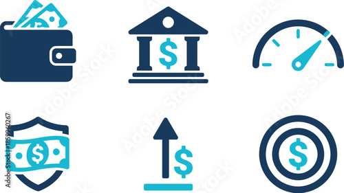 Financial management and performance tracking icons with wallet money building speedometer 
dashboard target in blue tones for banking investment budget monitoring and business growth analysis visual