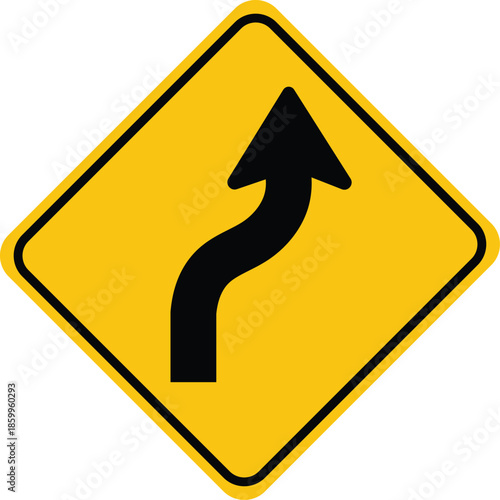Yellow diamond road sign with black wavy arrow pointing up and right traffic sign warning sign