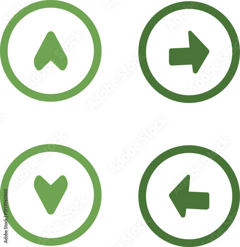 Four green circular arrows pointing up down left and right up arrow down arrow