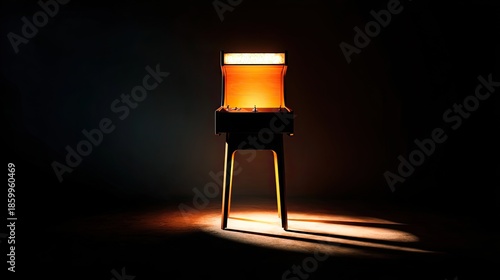 Retro arcade machine illuminated in dark space creating dramatic light and shadow contrasts with a vintage aesthetic appeal