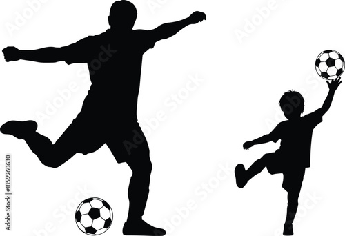 Black silhouettes of father and son playing soccer together with footballs, kicking and catching the ball isolated on white background.