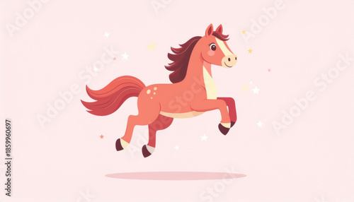 Cute Cartoon Horse Jumping Happily, Year of the Horse Zodiac Flat Vector