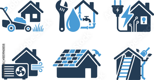 Home maintenance and utility services icons with repair tools wrench house solar panels energy 
efficiency in blue and navy for residential property management renewable energy & 
sustainable building