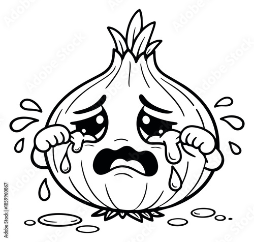 Hand drawn line art illustration of an onion character depicting crying for a humorous food or emotion concept