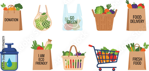 Eco friendly grocery shopping illustration set, reusable bags food donation delivery baskets carts sustainable lifestyle flat vector icons collection design