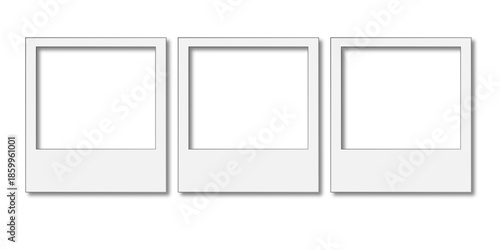 Set of blank instant film photo frames with drop shadows isolated on white background for design