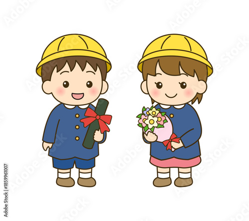 卒園式の男の子と女の子のシンプルなフラットイラスト