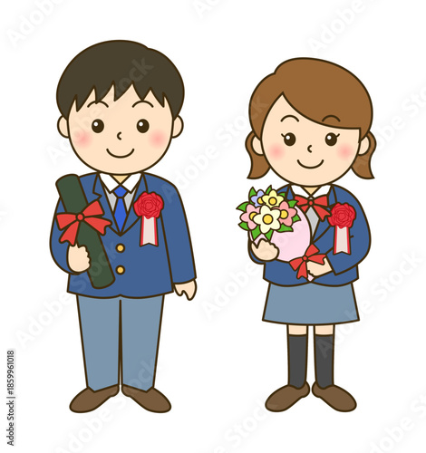 卒業式の男の子と女の子のシンプルなフラットイラスト