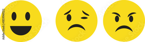 Emoji faces set illustration, happy sad angry emotions, yellow smiley icons collection, facial expression concept, vector design, for digital communication