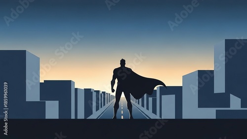 Silhouette of Superhero Standing on Rooftop at Sunset.