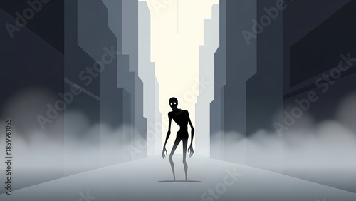 Silhouetted Figure Skating in Foggy City Street.