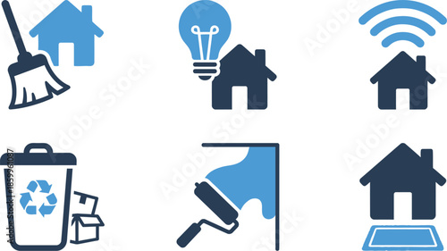 Smart home automation and residential technology icons with wireless connectivity house 
control recycling tools notifications in blue color palette for intelligent living sustainable lifestyle modern