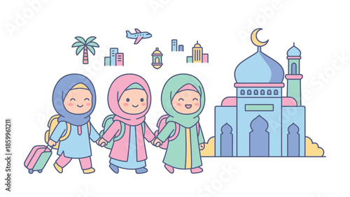 Three Muslim girls in hijabs with backpacks and luggage going on a trip.