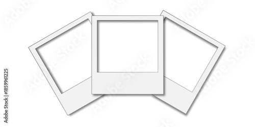 Symmetrical fan arrangement of three white blank instant photo frames, creative vector template for photography and memories