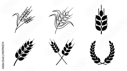 Simple black and white illustrations of various wheat and grain stalks