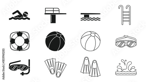 Black and white icons depicting various swimming pool and beach elements