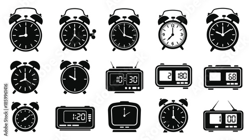 Collection of vintage and modern alarm clocks in a variety of styles