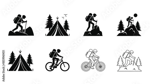 Black silhouettes of hikers campers and cyclists enjoying outdoor adventures