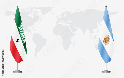 Somaliland and Argentina flags for official meeting against background of world map.