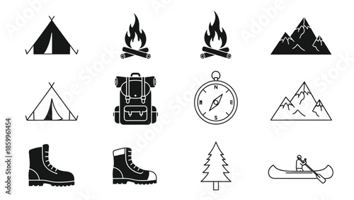Camping and outdoor adventure icons tents fires mountains and gear illustrations