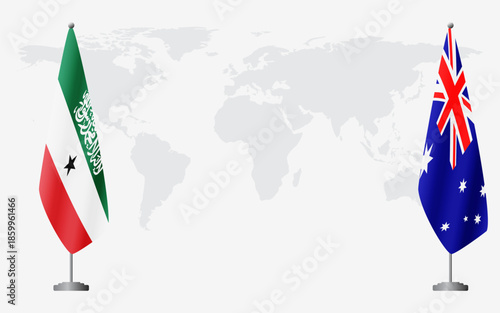 Somaliland and Australia flags for official meeting against background of world map.