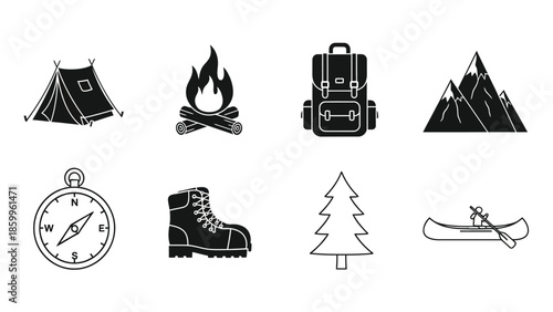 Camping and hiking equipment icons tent fire backpack mountain and more