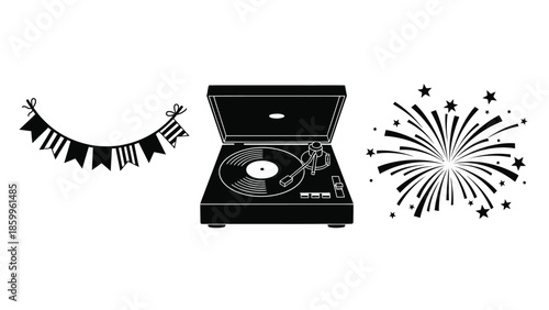Celebration icons a record player festive garland and sparkling fireworks display