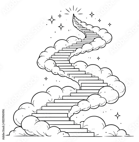 Hand drawn line art illustration of a stairway to heaven depicting a spiritual ascent for aspiration concepts