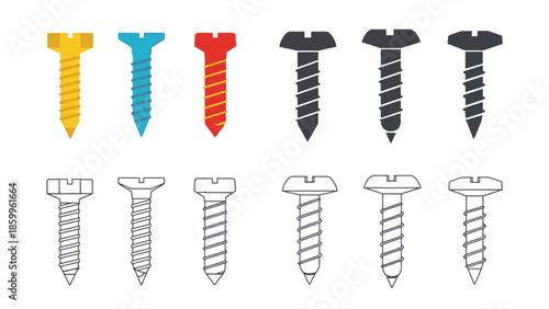 A colorful assortment of screws and their line art counterparts displayed together