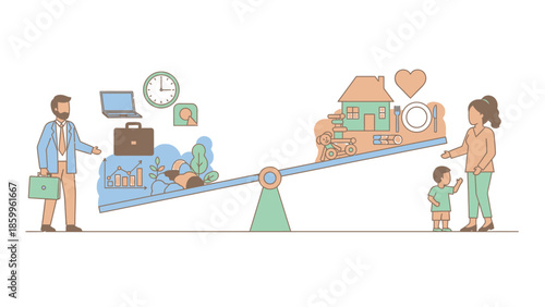 Work life balance concept with family and career on scales.