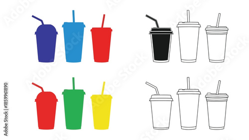 Assorted colorful and monochrome drinks with straws presented in a grid layout