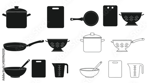 Black and white illustration displaying various kitchen cookware and utensils