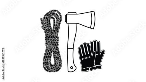 A coiled rope an ax and work gloves all in a black and white illustration