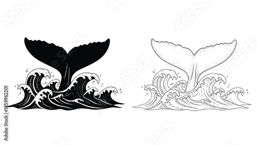Two whale tails emerge from stylized waves contrasting dark and light designs