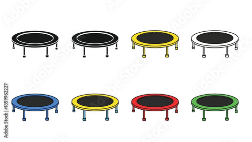 Colorful round trampolines in a row different shades and designs presented