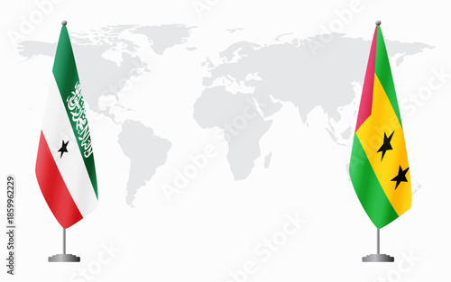 Somaliland and Sao Tome and Principe flags for official meeting against background of world map.