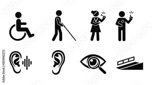 Accessibility symbols representing various disabilities and inclusive design elements