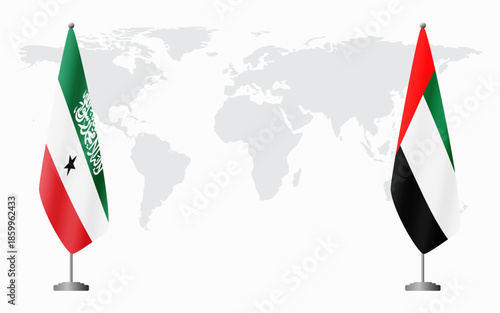 Somaliland and United Arab Emirates flags for official meeting against background of world map.