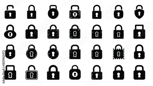 Collection of diverse black padlock icons representing security and protection