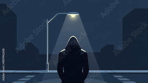 Solitary Figure Under Streetlight at Night.