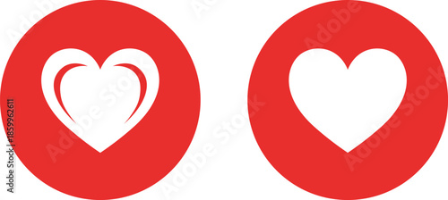 Two red circles with white heart outlines and solid white hearts love symbol
